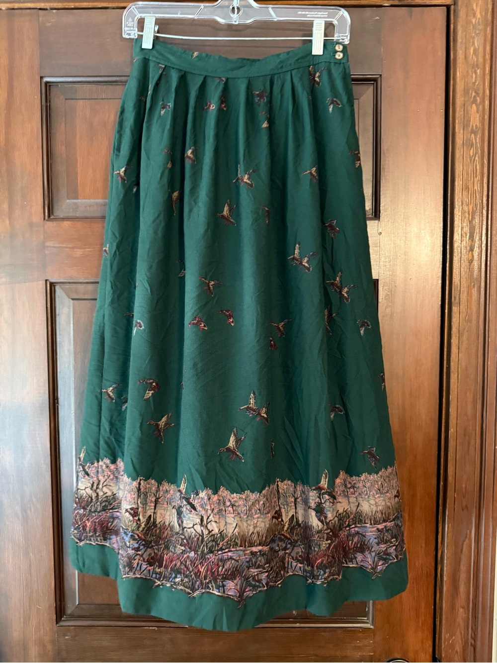 Vintage J G Hook Forest Green Wool Midi Skirt with Nature Border Print